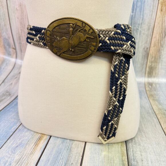 Tony Lama Vintage Rope Belt Solid Brass Rodeo Buckle Woven 90s Cowboy Belt - Picture 3 of 7